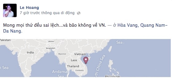 
	
	Lê Hoàng (The Men) cũng là một người con của quê hương Đà Nẵng. Anh vừa có mặt tại quê nhà và cho rằng bão Haiyan không hướng vào miền Trung
